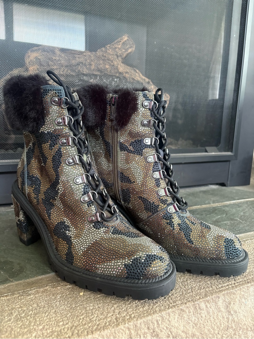 Jessica Simpson Camo Rhinestone Lace-Up Fur-Trim Heeled Ankle Boots